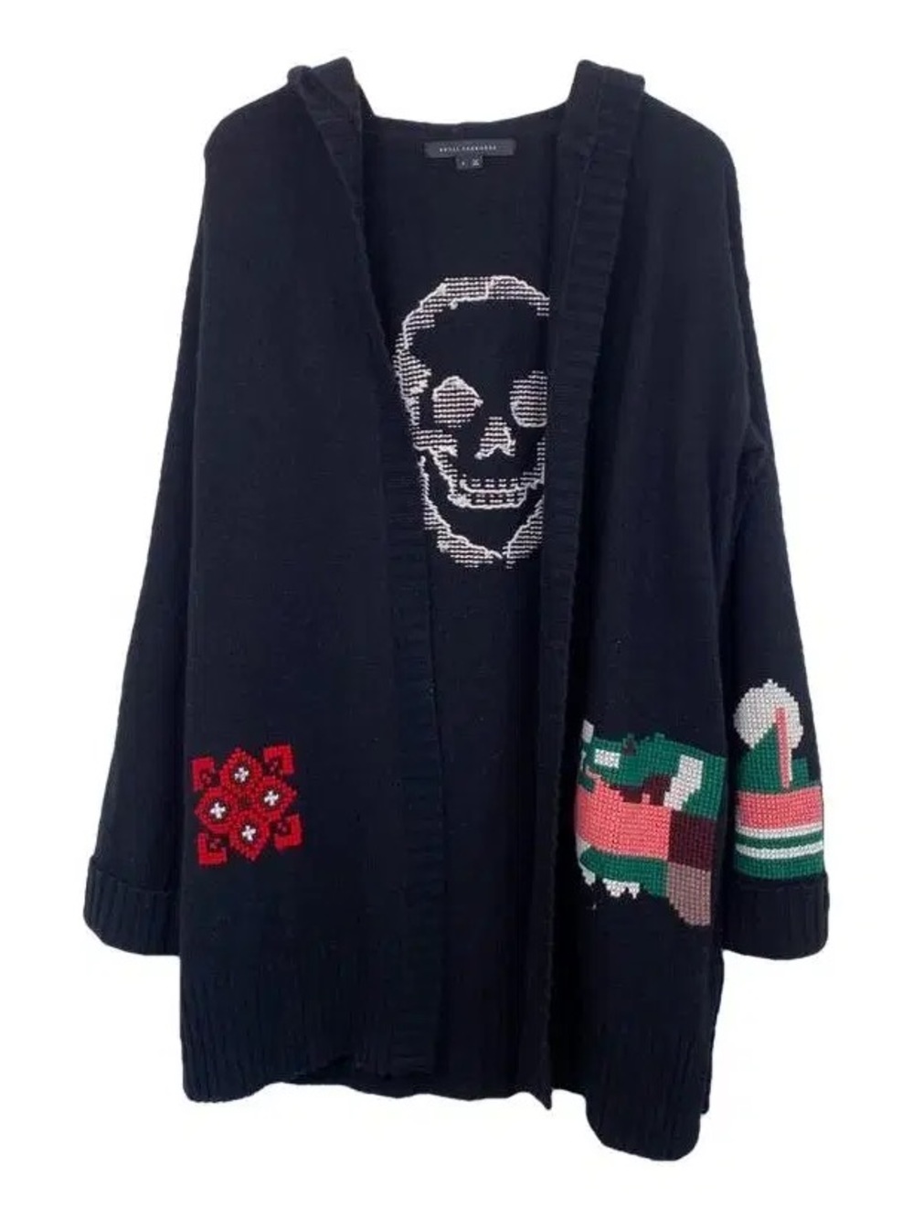 Skull Cashmere Wool Colorful Embroidered Hooded Cardigan Sweater XL